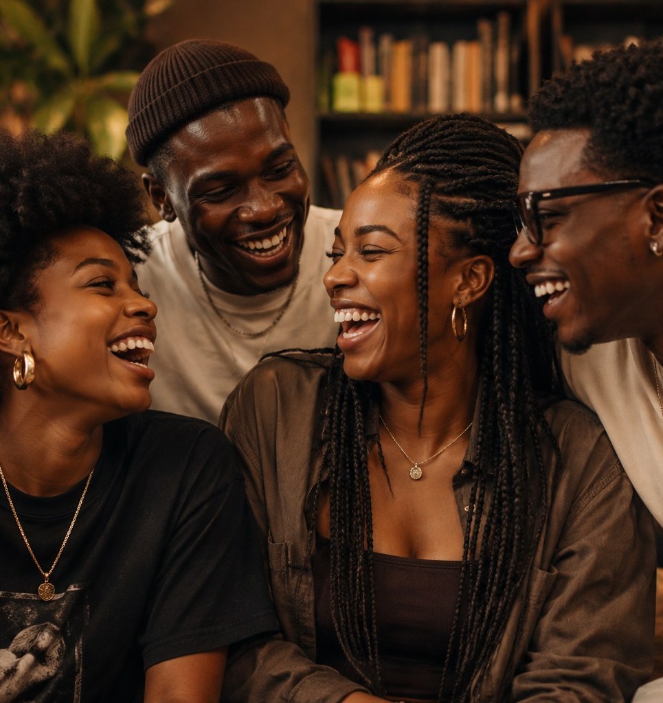 Buk'd and Bougie members laughing together in a bookshop